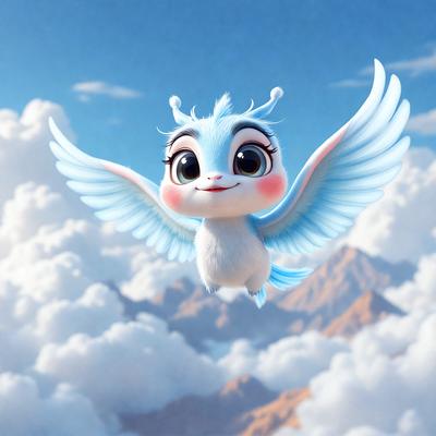 The primary subject of the image is a small, cute, and colorful bird with a pink nose, flying high in the sky. The bird is surrounded by a beautiful, cloudy blue sky, which adds to the overall atmosphere of the scene. The visual style of the image is a combination of photo and digital art, creating a unique and captivating illustration.
